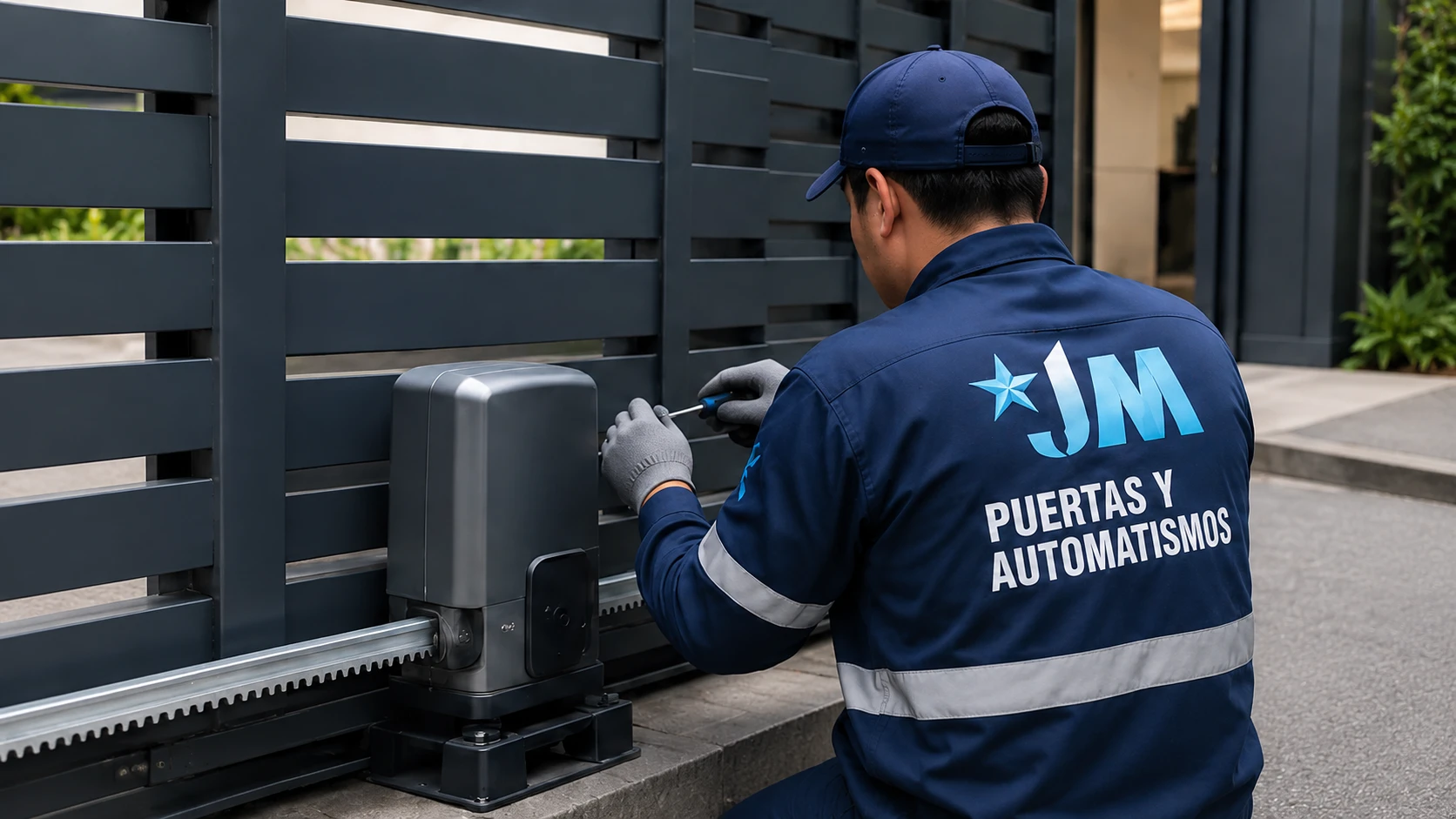 Personal técnico instalando motor de puerta